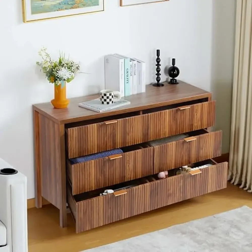 Cômoda de madeira com 6 gavetas, moderna, organizadora de armazenamento para quarto, cômoda, design canelado, amplo espaço, construção sólida, 47 polegadas de largura