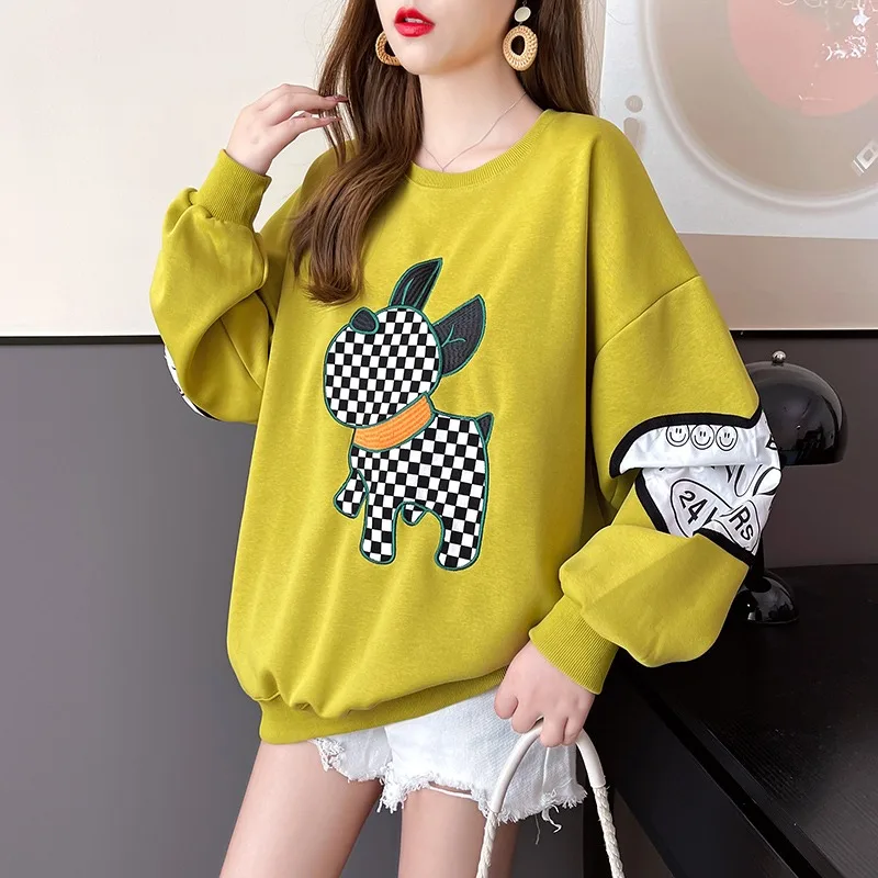 2024 Korean Style Checkerboard Versatile Casual Harajuku Loose Embroidery Contrasting Color Autumn New Sweatshirt