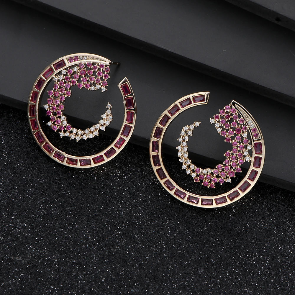 Luxury Round Circle Double-C Stud Earrings For Women Wedding Cubic Zircon CZ Indian Dubai Bridal Jewelry Earring  E1167