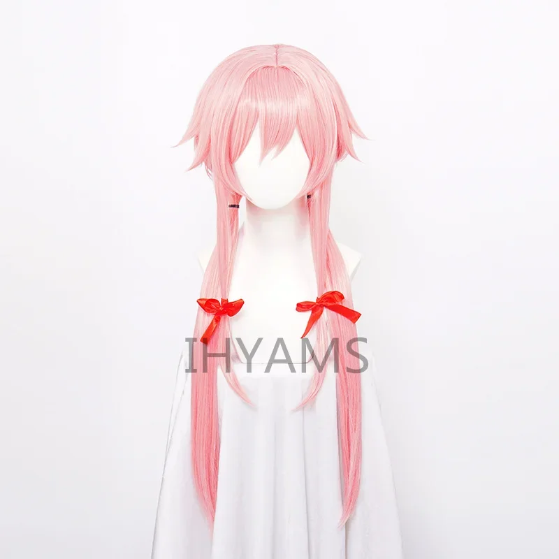 The Future Diary Yuno Gasai Long Pink Straight Styled Anime Cosplay wig Mirai Nikki Synthetic Hair Wigs  Red ribbon   cap