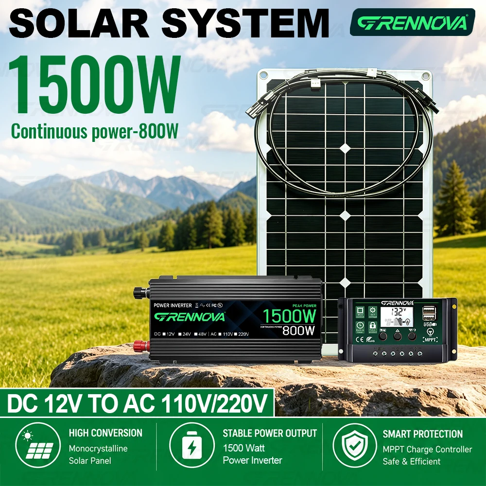 

Solar Off-Grid Power Starter Kit 80W Panel 60A Controller Inverter (Peak 1500W Continuous 800W) for Cabins RVs Emergency Backup