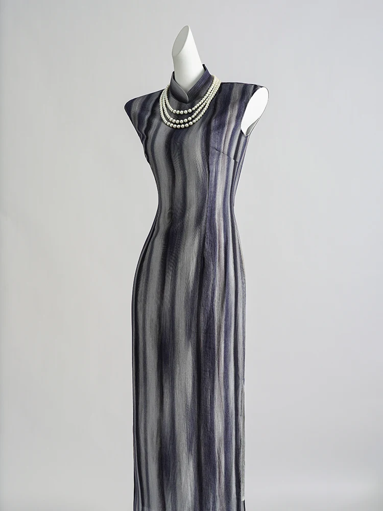 

New 2026 Long Revised Ele Simple New Chinese Sle Daily Wear Retro Sle Low Slit No Sve Stripe Pattern