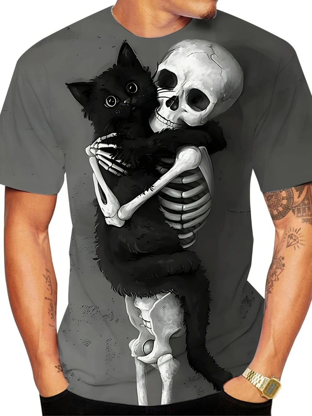 

Men's Casual Short Sleeves Black Cat and Skull Fun Prints Suitable for Outdoor Street Sports Home Casual Clothing Gifts for Men