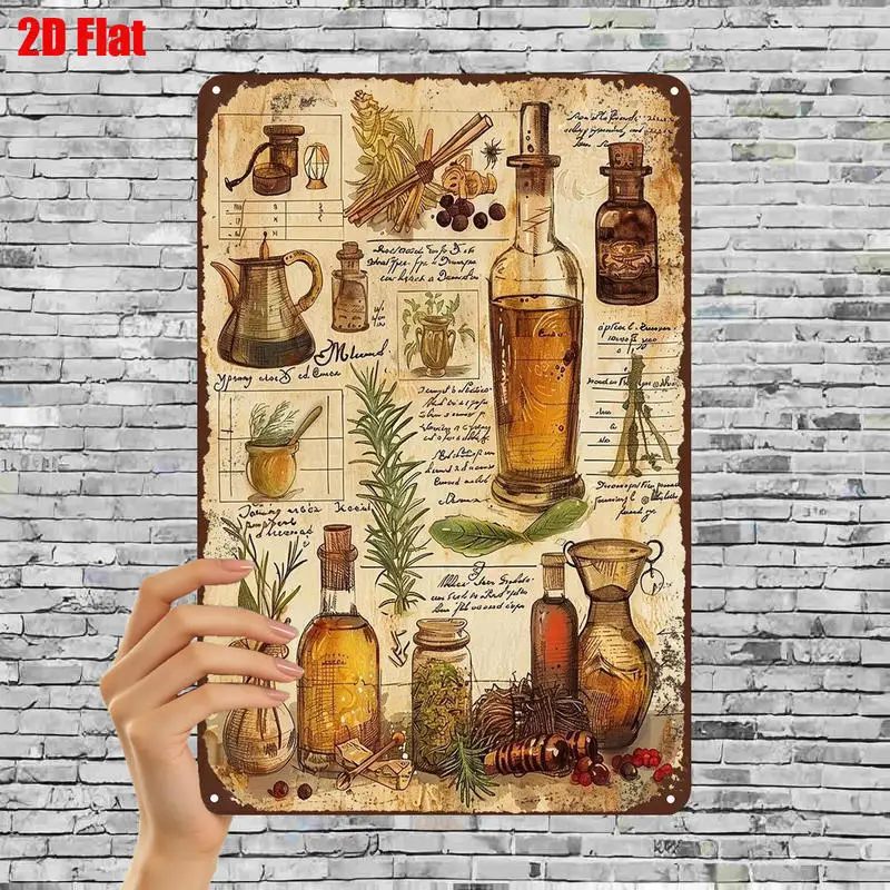 2D Flat 1pc, Vintage Herbal Apothecary Metal Wall Art – Rustic Kitchen Decor with Botanical And Spirit Bottles Design 20X30