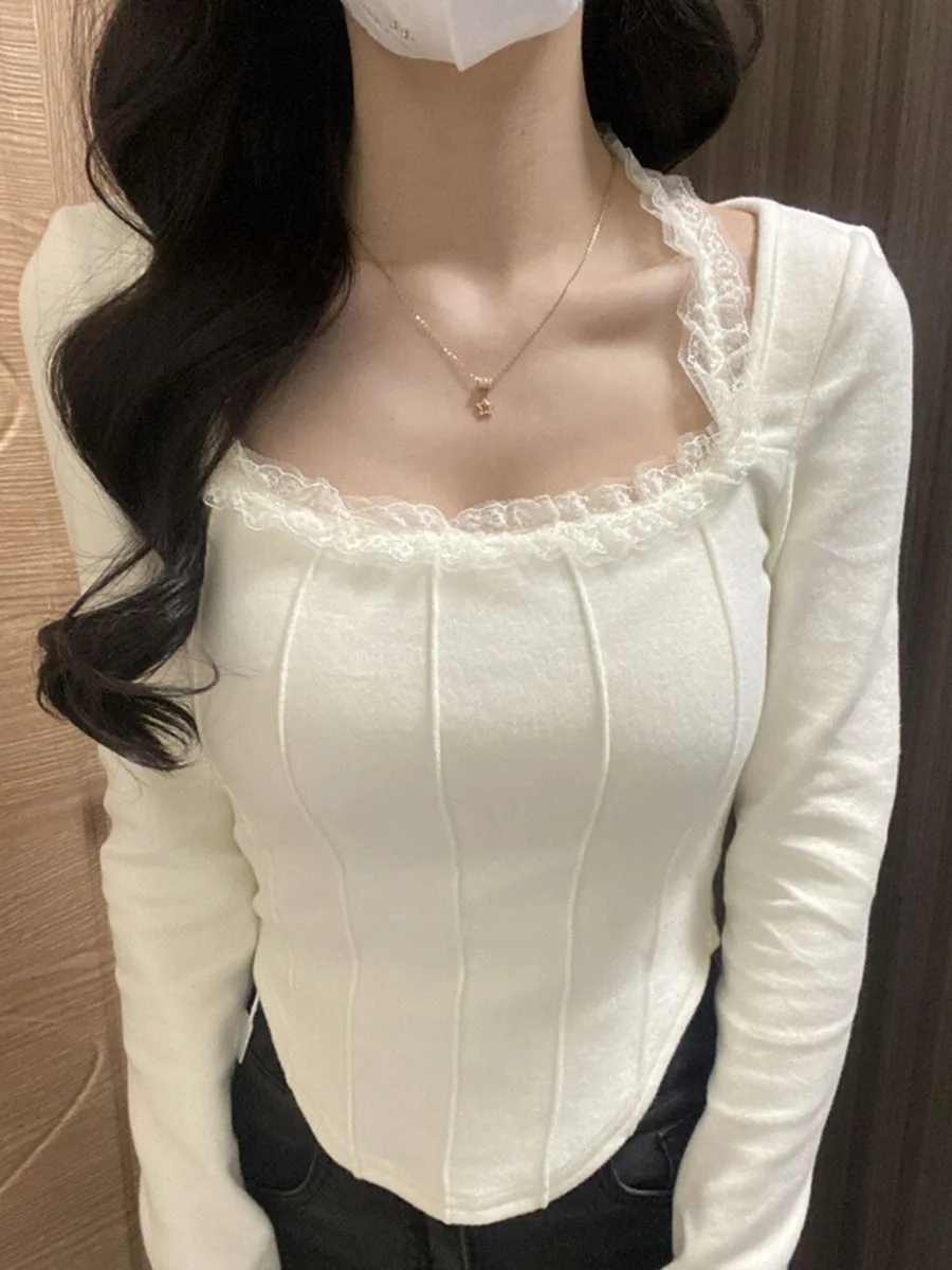 Camiseta larga de encaje irregular Ne colgante Sve para mujer primavera otoño Thiened Base irt ropa interior de gama alta dulce picante Gi...