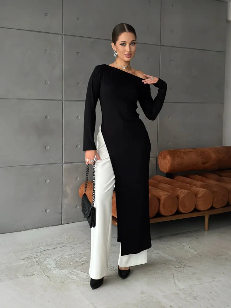 

Tossy Fashion Inclined Shoulder Long Dress Women Slim Long Sleeves Irregular Split Solid Streetwear High-Waist Female Maxi Dress