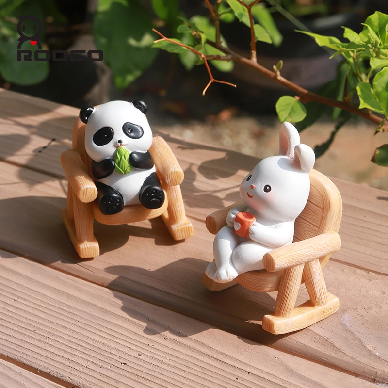 Roogo Figurine Cute Panda Animal Pendant Miniatures Desktop Decoration Kawaii Creative Resin Decor for Home Model Car Ornaments