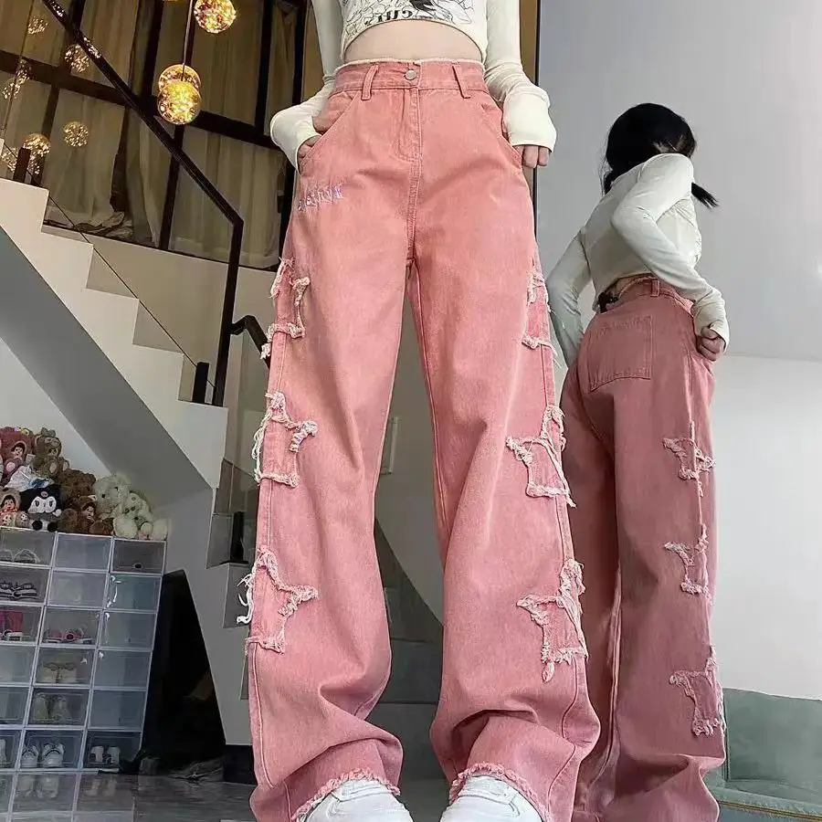 Pantalones vaqueros con bordado de parche rosa para mujer, pantalones de pierna ancha, rectos, sueltos, diseño de estrella, primavera y verano, nuevos