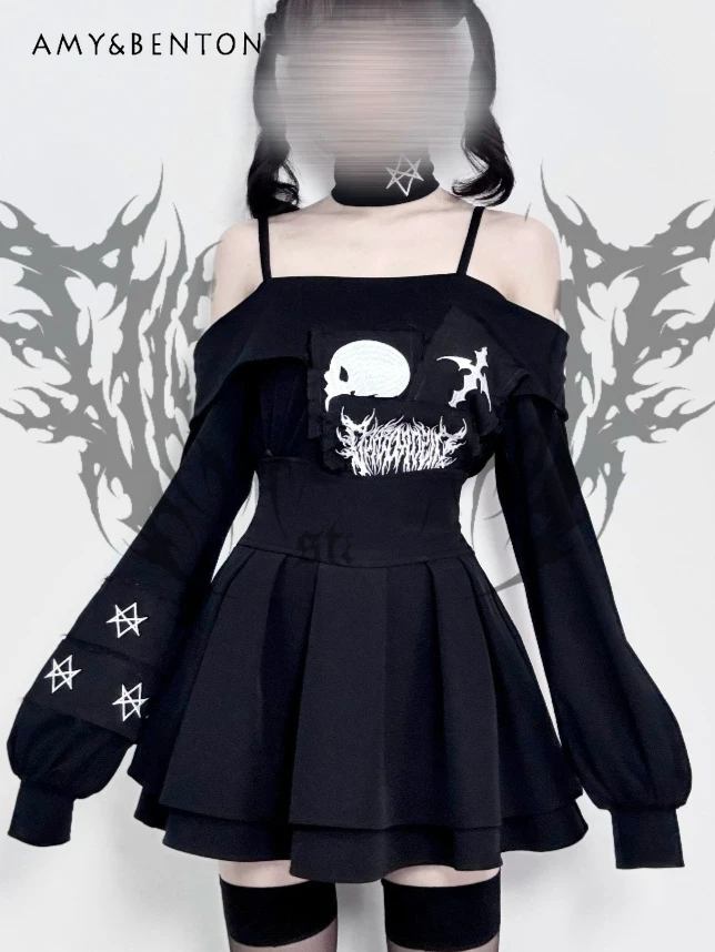 

Sweet Cool Spicy Girl Off-Shoulder Camisole Top Subculture Original Goth Dark Cartoon Embroidery Japanese Punk Top for Women