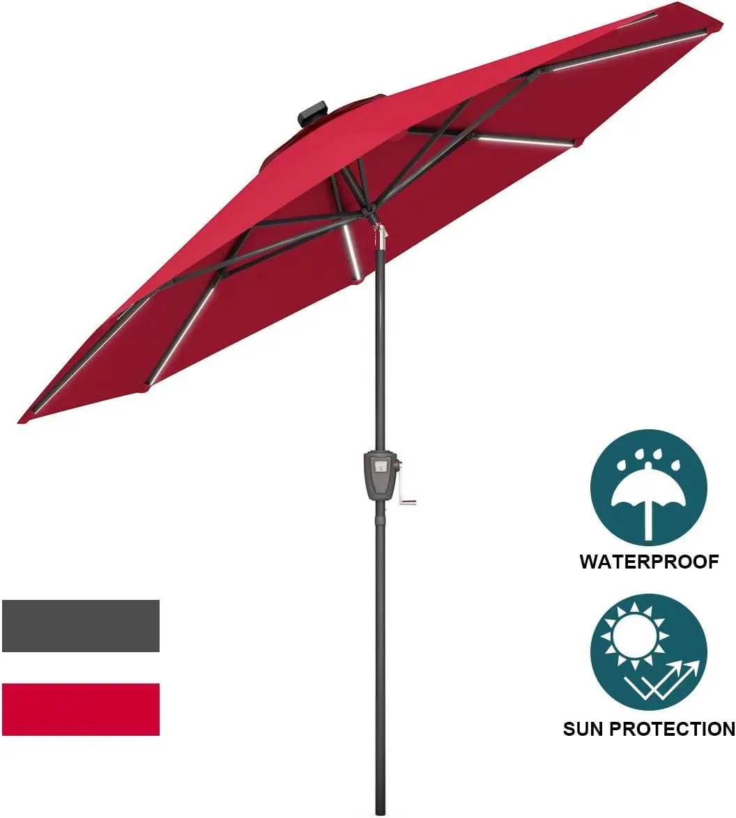 

9ft Solar LED Light Patio Umbrella, Outdoor Tilt Sunbrella with 8 Steel Ribs·Factory Direct Sales