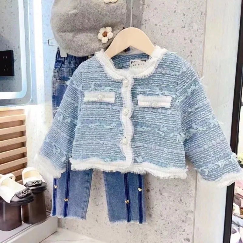 

Autumn Children Girls Coats Cotton Blue Long Sleeve Kids Babys Girls Outerwear Coats Korean Single Breasted Little Girls Jackets