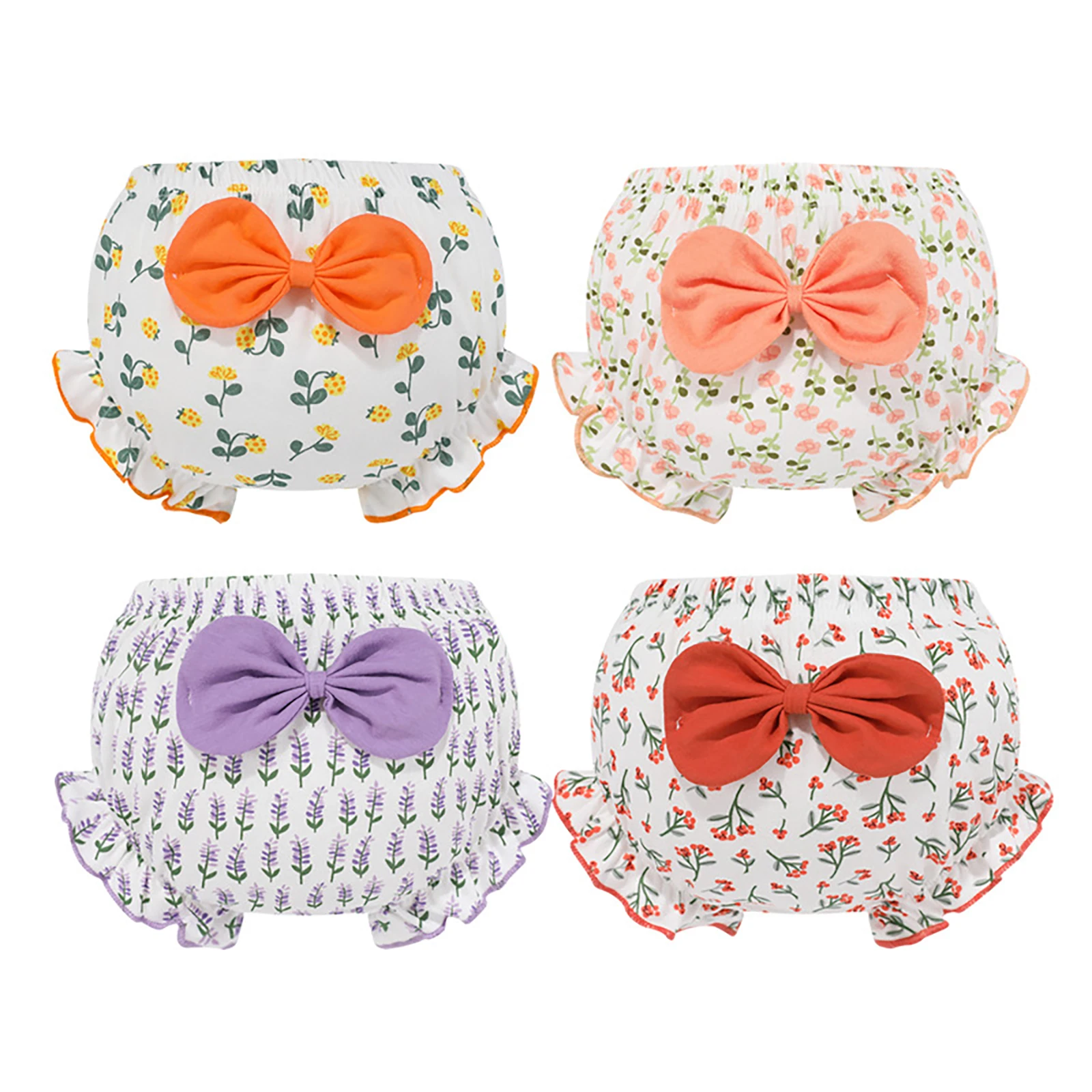 4Pcs Toddler Baby Girls Summer Cotton Bloomers Cute Print Ruffle Bow Diaper Covers Soft Assorted Underwear Breathable Panties