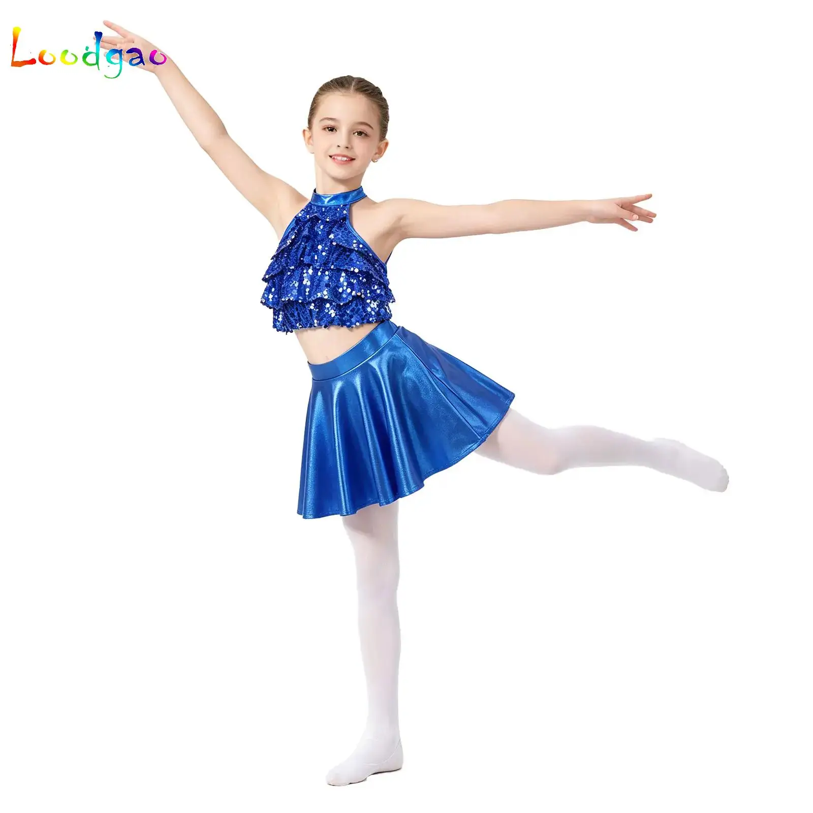 Girls Gymnastics Ballet Dance Clothes Kids Jersey Sequin Hip Hop Tank Top Jazz Metallic Skirt Cheerleading Competition Outfits