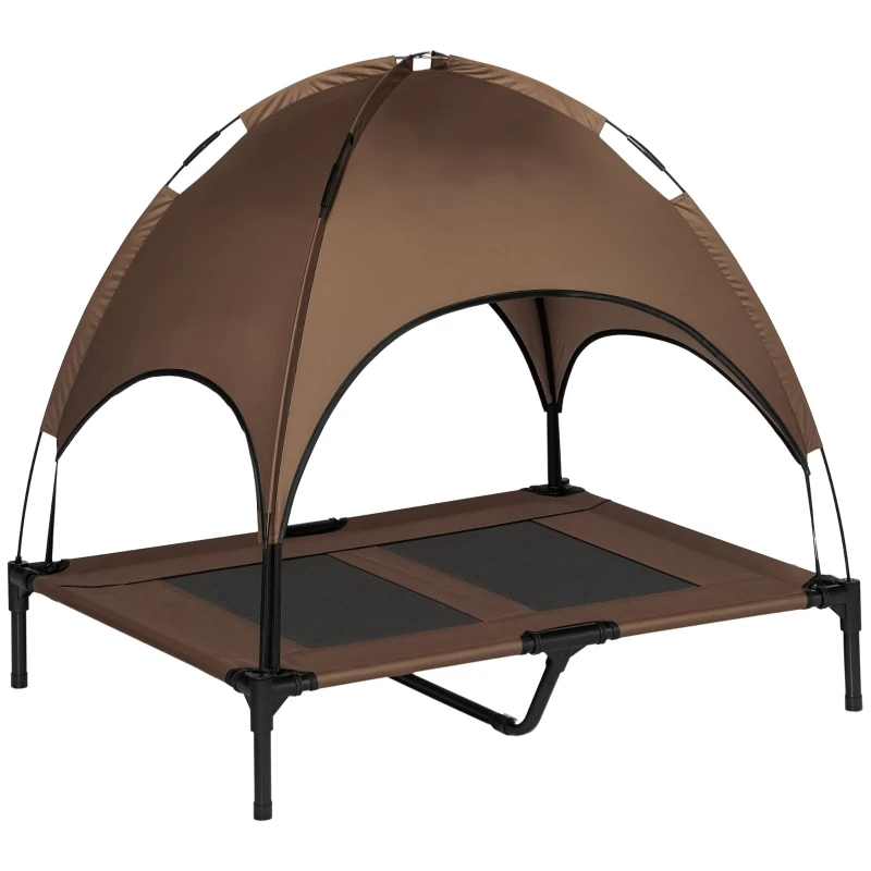 Erhöhtes Hundebett mit Überdachung, Outdoor-Haustierbett mit Dach, Atmungsaktiver Taft-Stoff für Camping, Kaffeebraun, 92x76x90 cm