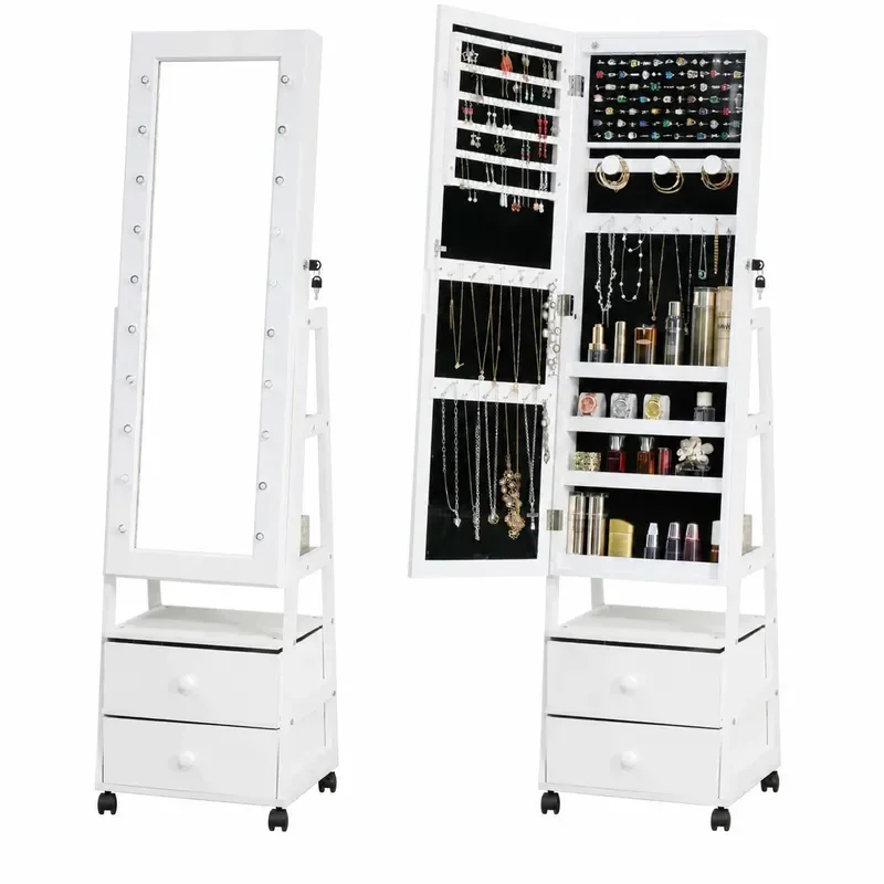 Full Body Mirror Jewelry Armoire Standing Storage Cabinet with LED Lights Lockable Organizer for Bedroom Dressing Room