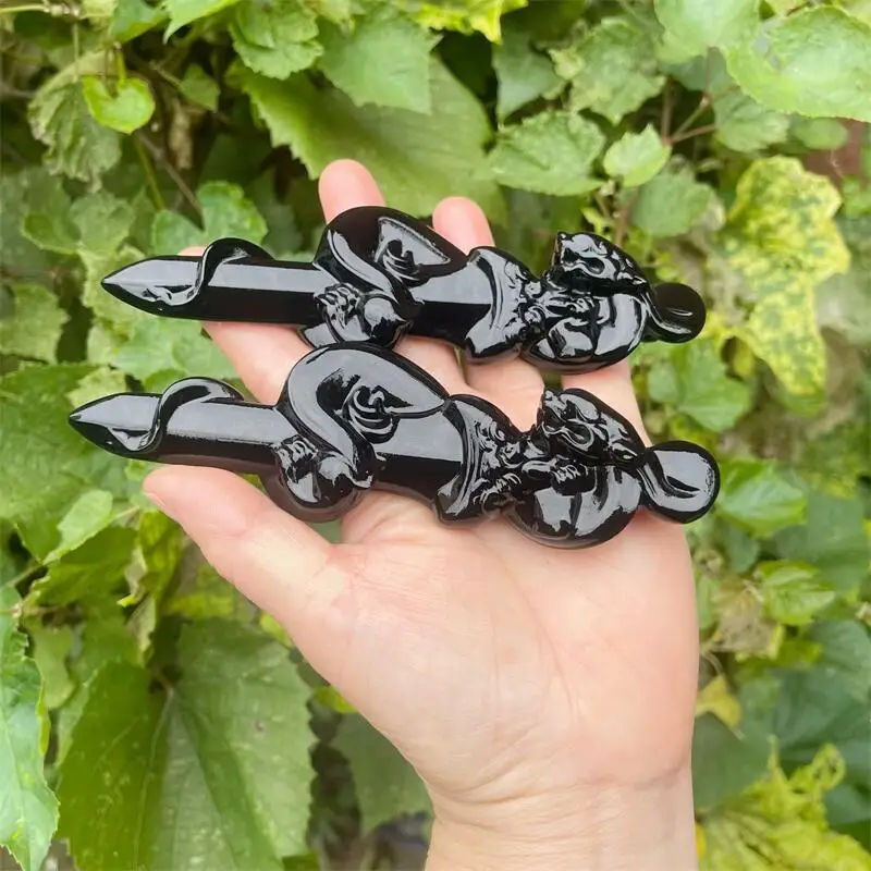 حجر السج الأسود الطبيعي كريستال الموظفين D agger نحت بلورات أحجار كريمة جميلة للديكور المنزل جمع هدية عيد