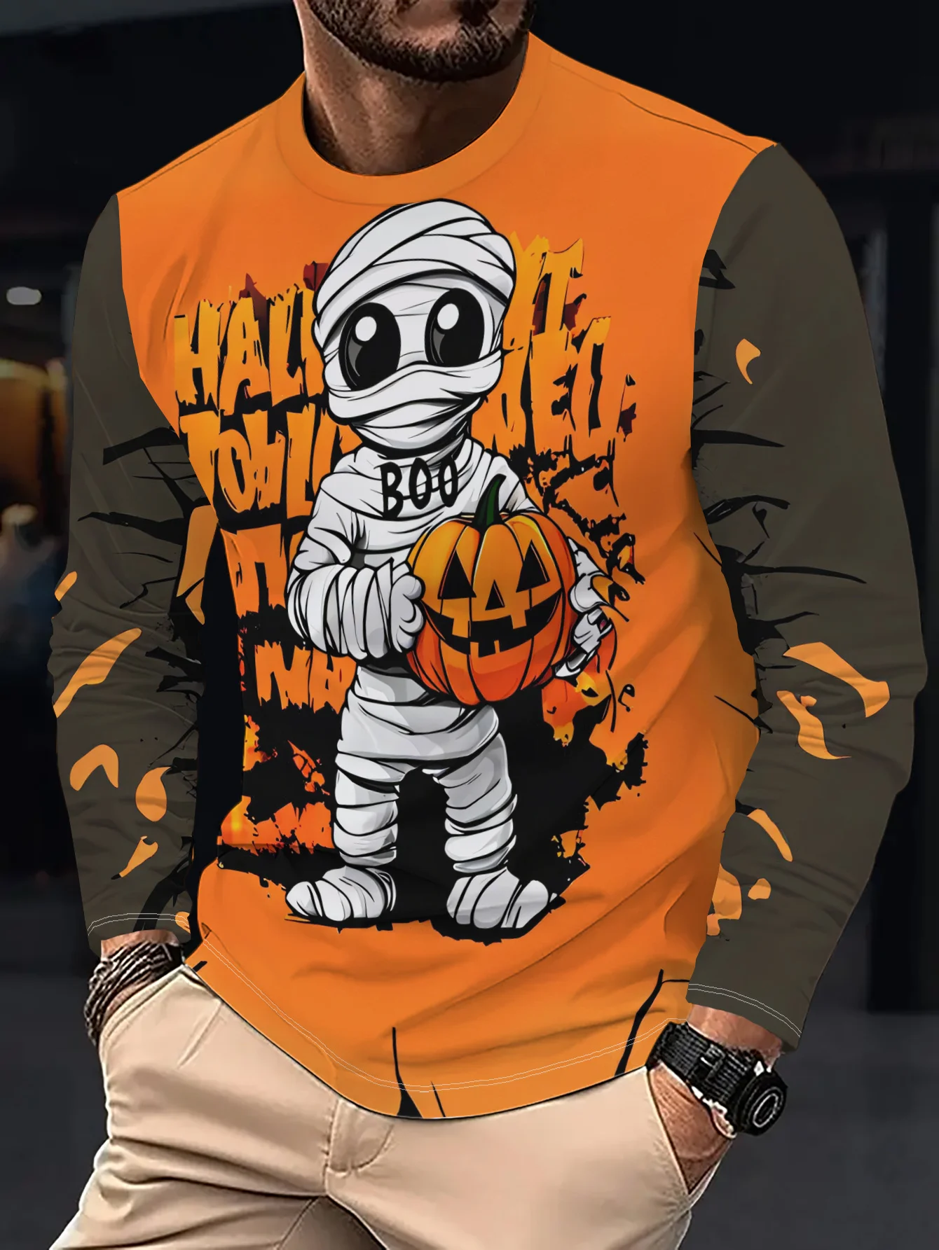 Men Long Sleeve T‑Shirt Cartoon Mummy Pumpkin Graffiti Print Crew Neck Halloween Party Casual Tops