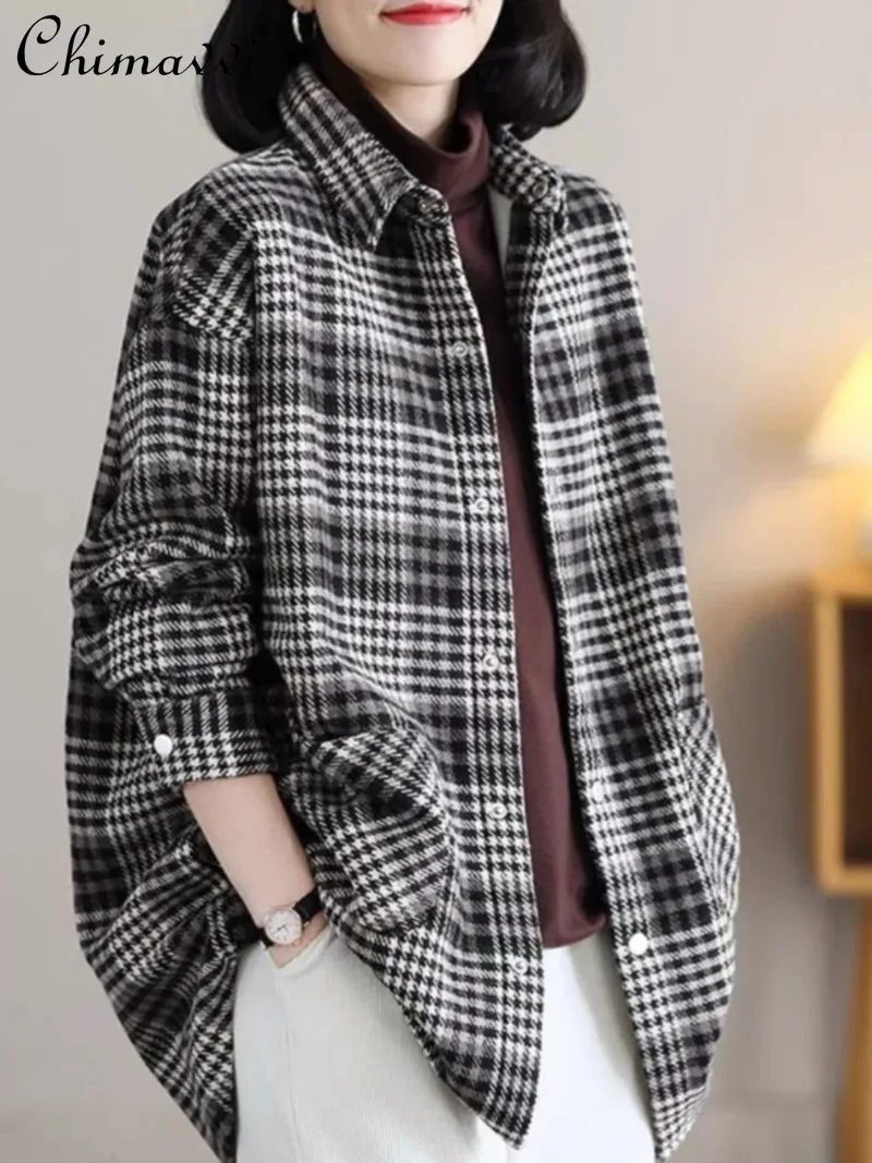 Retro Plaid Foreign Style Loose and Thin Lapel Collar Piled Thick Polished Top Shirt Jacket For Women