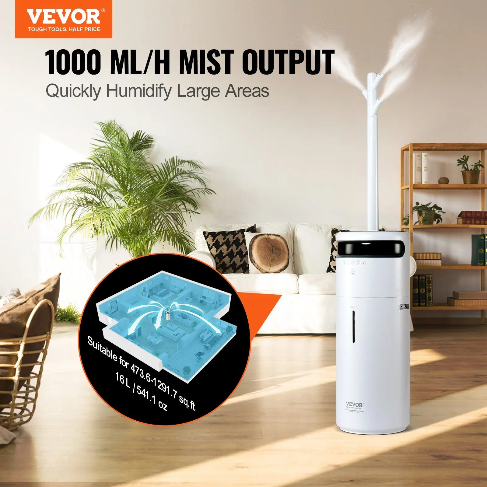 Humidifier for Home Large Room, Commercial Humidifier for Whole House 1291.7 sq ft, 16L Water Tank & Night Light & 12h Timer & A