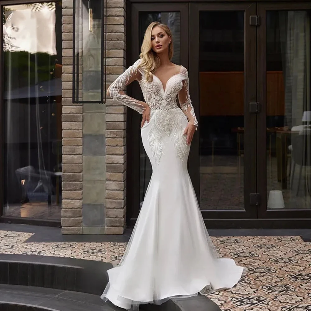 Elegant Beautiful Wedding Dresses A-line Lace Appliques Sexy Deep V-neck Long Sleeves Sweep Train Bridal Gown Custom Made 2023