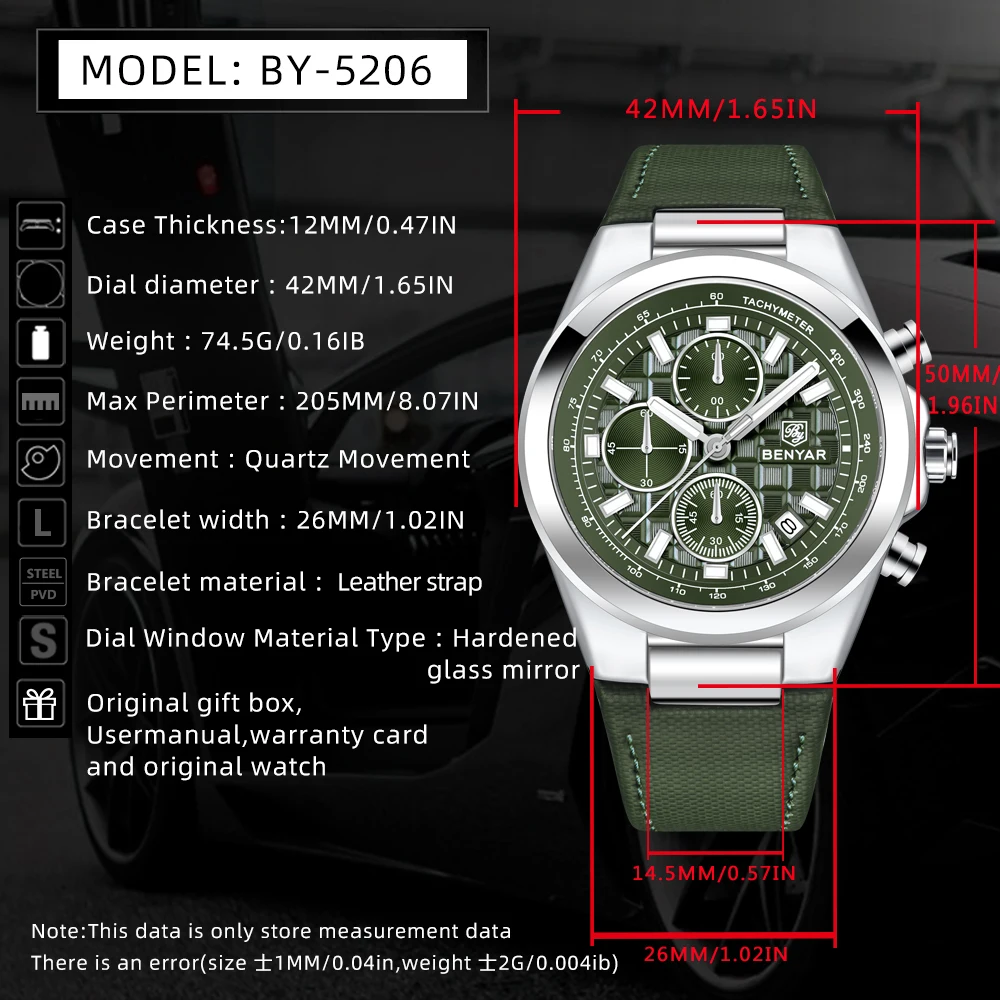 BENYAR New Quartz Watch 42mm Luminous Business Watch Dial 30 Meter Waterproof Men\'s fashion Watch Chronograph Leather strap 2024
