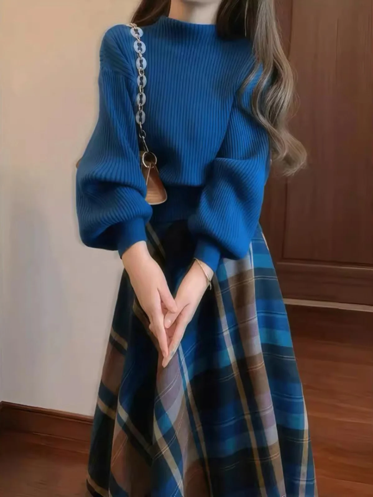 

Синий вязаный свитер в стиле ретро, женский весенний новый высококачественный клетчатый свитер, комплект из двух предметов, модная полиэфирная ткань