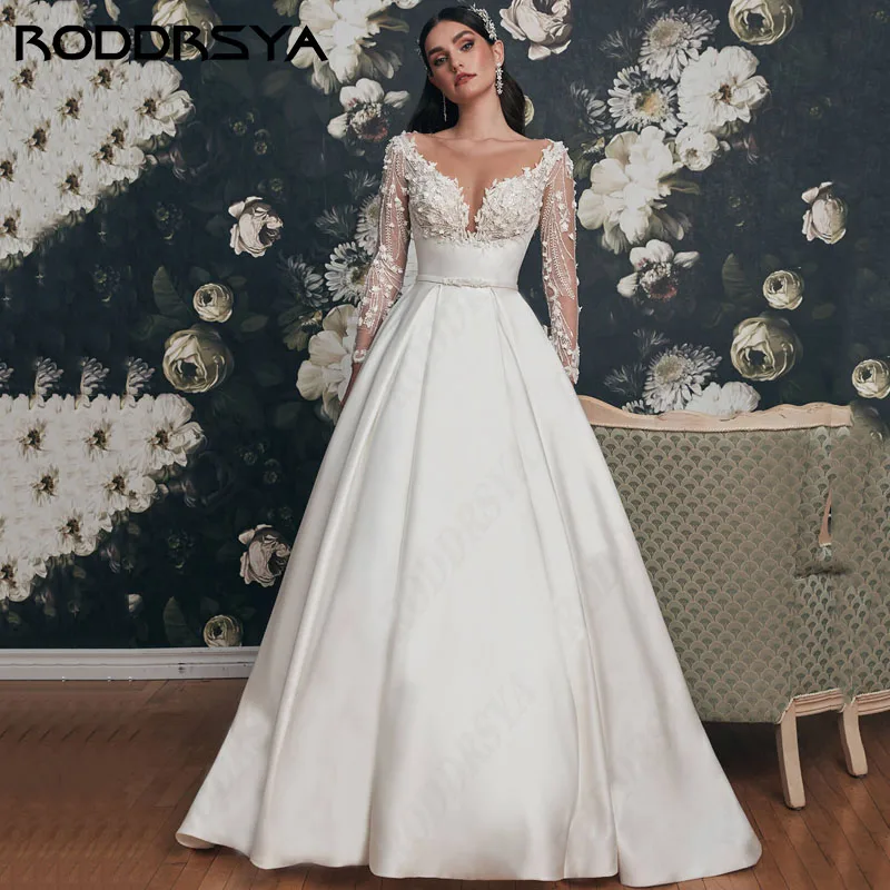 RODDRSYA-Vestidos De Novia De lujo De manga larga, Vestidos De princesa De encaje Sexy, Espalda descubierta, tren De barrido De satén suave Simple 2024 Vestidos De Novia De lujo De manga larga, Vestidos De princesa De