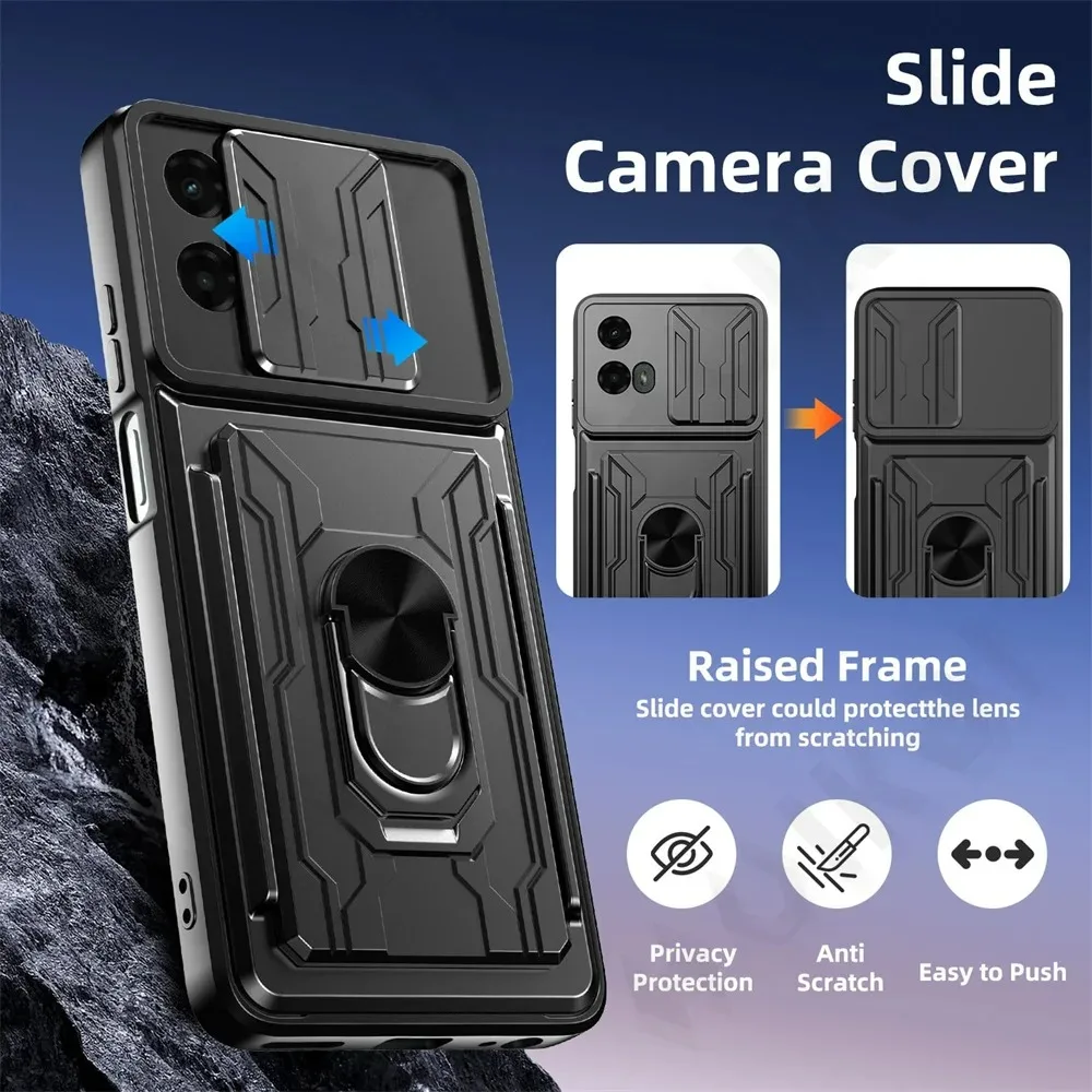 Etui na Motorola Moto Edge 60 50 Fusion Pro Neo G86 G56 G35 G15 z uchwytem na karty, wysuwaną osłoną aparatu, pierścieniem, podstawką, pancerne etui z podpórką.