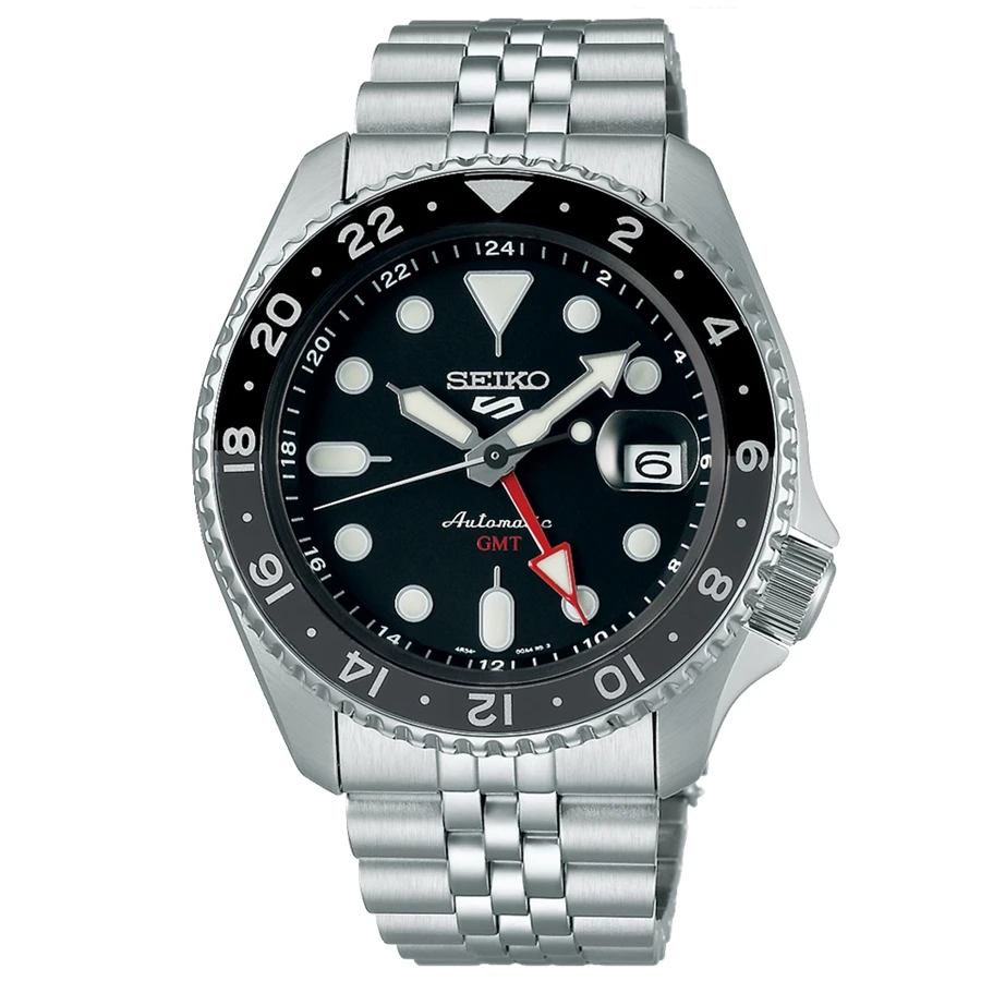 SEIKO 5 SSK001K1 Automatic GMT Wristwatch 42.5mm Black Dial Jubilee Bracelet 100m WR Luminous Hands Business Casual Timepiece