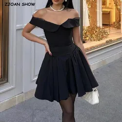 Black Sexy V neck Off Shoulder Mini Dress Women Short Sleeve Low Waist Ruched Hem Ball Gown Swing Mini Robe Party White