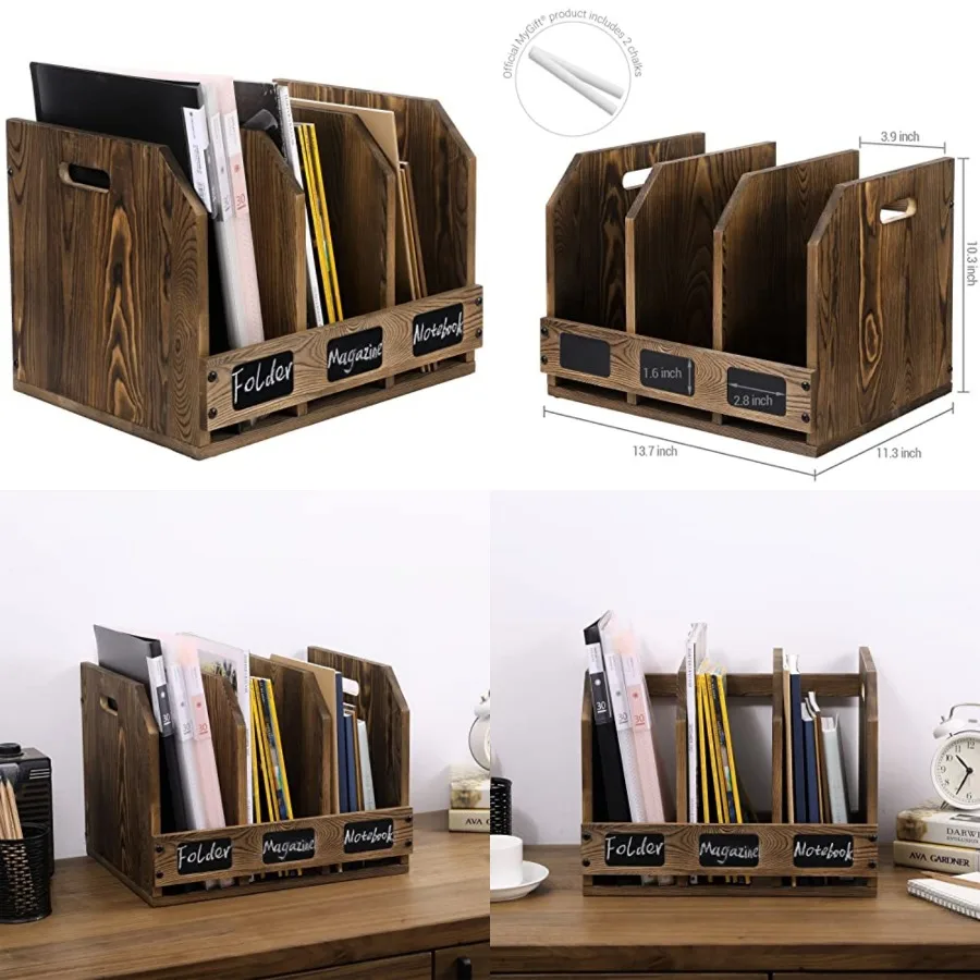 

Office Desktop Document File Folder Rustic Burnt Brown Wood Binder Storage Organizer Rack with 3 Compartments and Chalkboard La