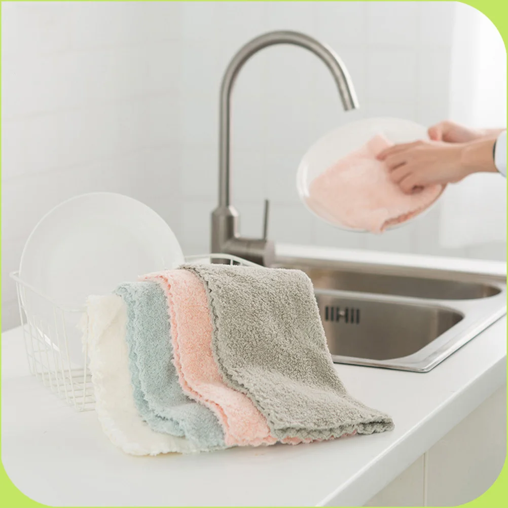 

4Pcs Kitchen Dish Towels Coral Fleece Thick Absorbent Soft Cleaning Cloths Lanyard Hanging Multipurpose Dishrag for Pots Pans