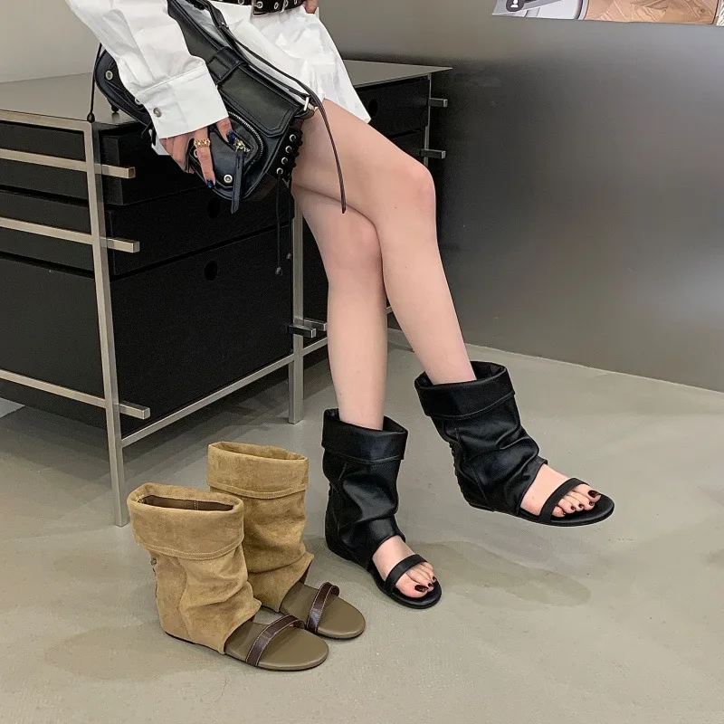 

Pile Up Cool Boots WomenSummer New with An Inner Height Increase, A Straight Strap Exposed Toes, Sandals, Pleated Ankle Boots