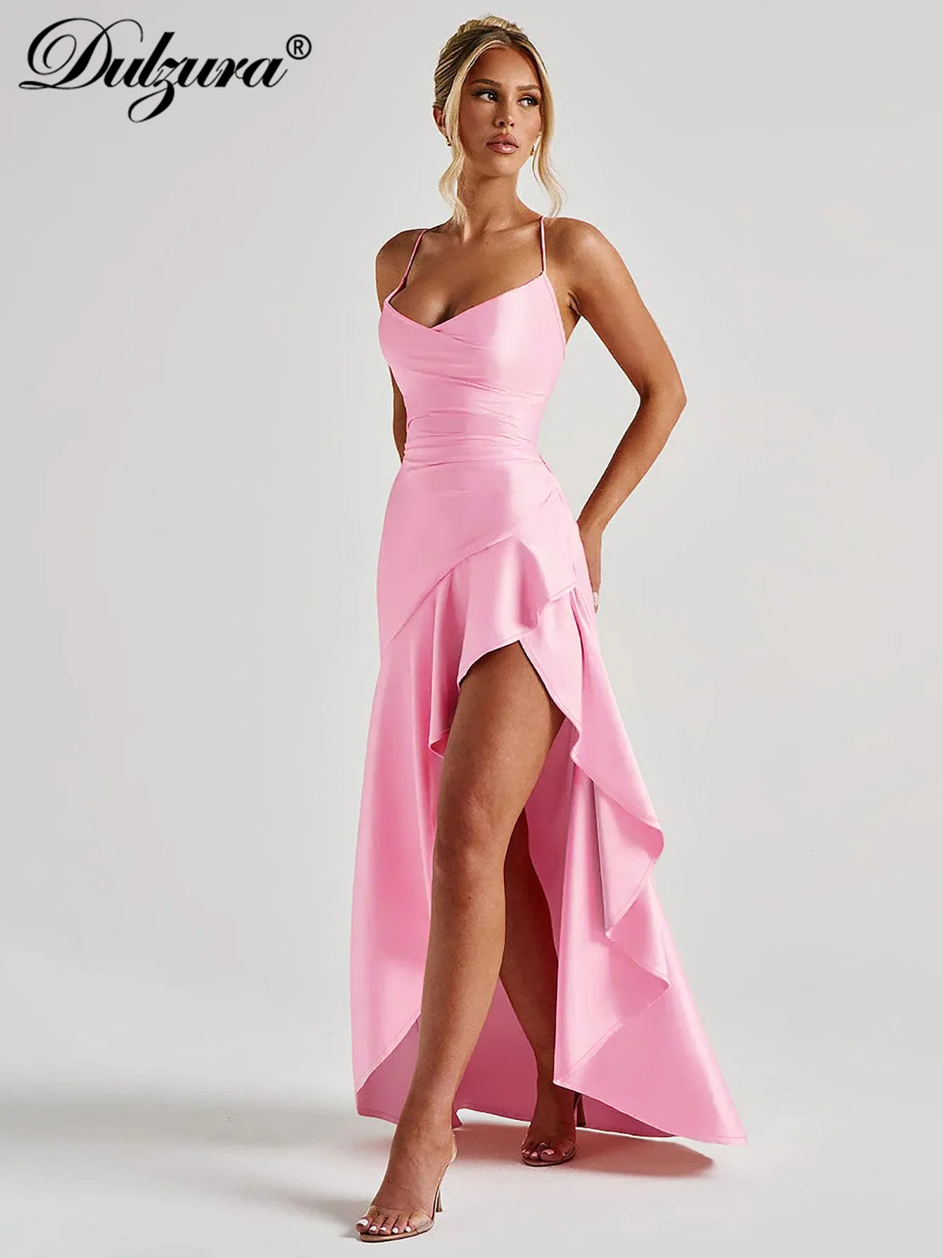 Dulzura, sin mangas, sin espalda, con cordones, fruncido, cremallera Irregular, vestido largo liso, Sexy, elegante, vestido largo para fiesta, Club, traje de graduación