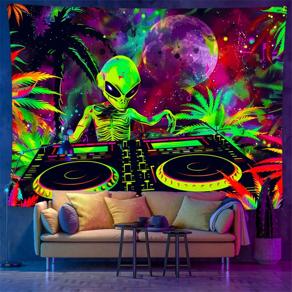 

Trippy Alien DJ Blacklight Tapestry UV Reactive Psychedelic Neon Wall Hanging 2D Flat Printing Peach Skin Bedroom Decor 150x130