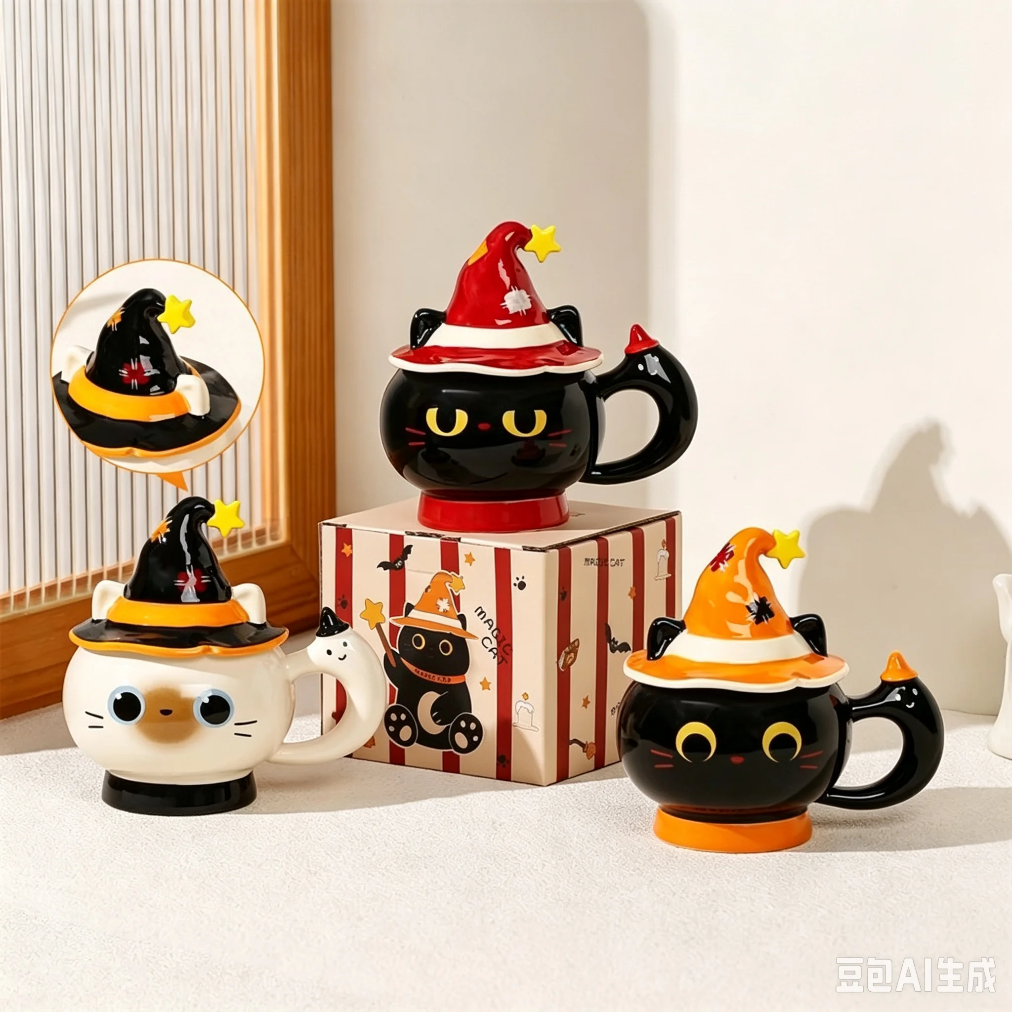 14x7cm Ceramic Cat Mug With Lid Witch Hat Coffee Cup Cute Halloween Tea Milk Water Cup Birthday Gift For Girls Drinkware