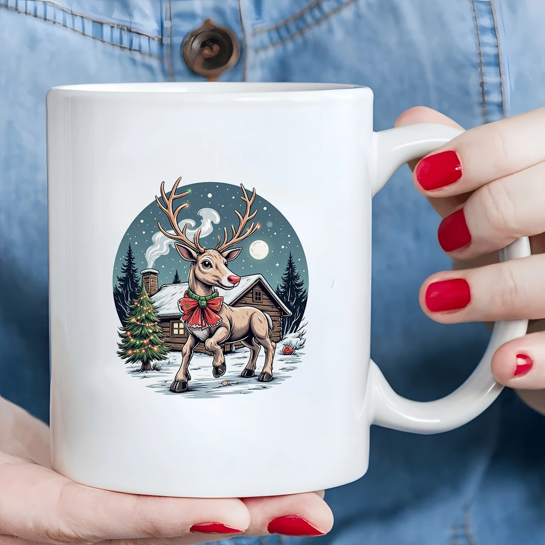 

11oz Christmas Reindeer Mug Cartoon Style Holiday Cup Kids Drink Cup Family Office Cup Cozy Christmas Gift