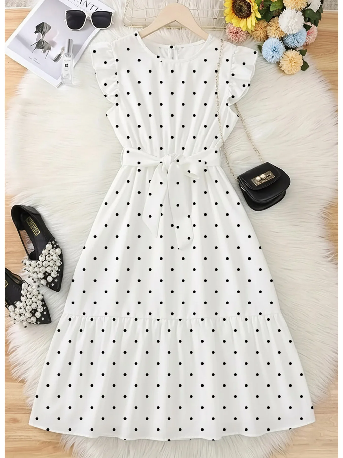 Casual and elegant summer girls' comfortable polka dot round neck ruffle sleeves cinched waist lace up dress long skirt