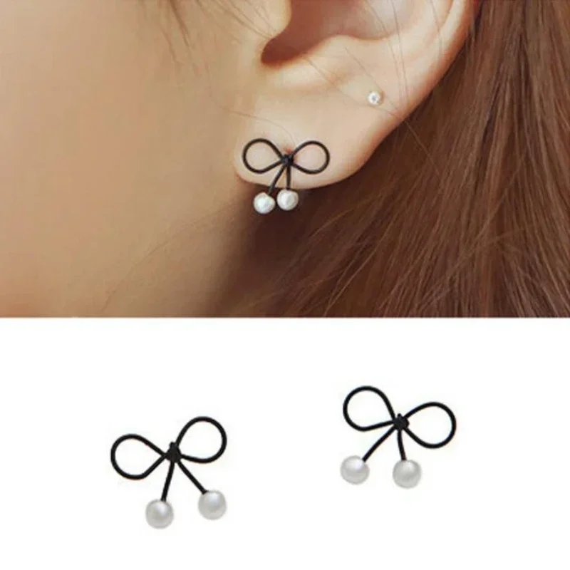 1Pair Black Wire Bow Pearl Drop Earrings, Minimalist Hollow Bowknot Stud Earrings Elegant Daily Jewelry