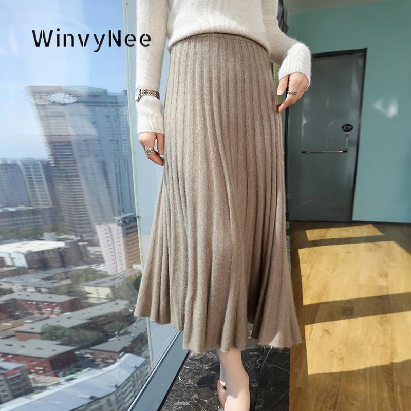 WinvyNee Women Swing Midi Skirt Mink Cashmere Stretch Band Soft Touch Brushed Fabric Street Vibe Party Attire Daily Fit E1248056