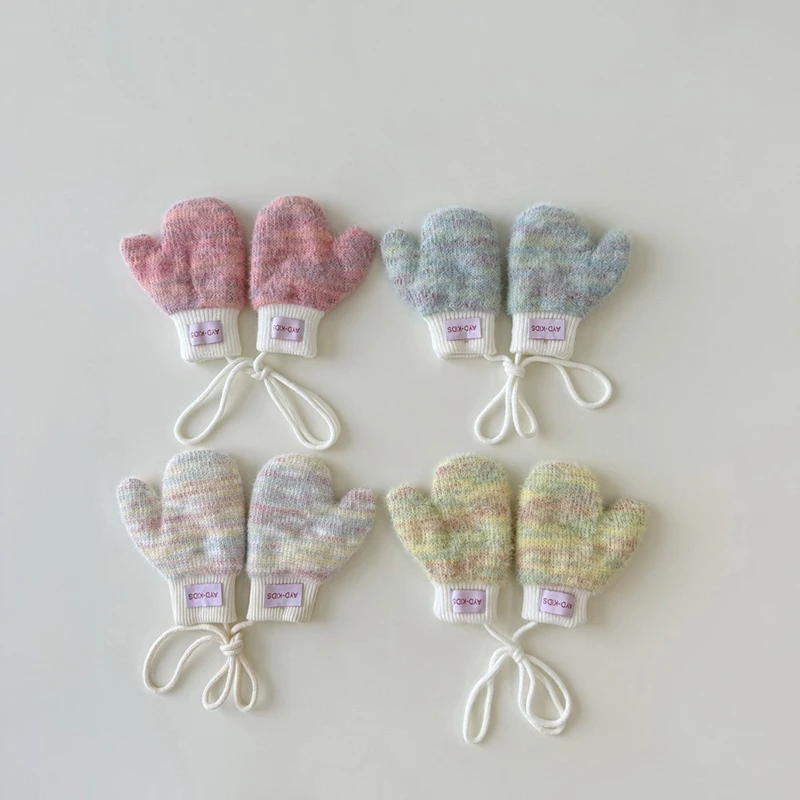 Guantes de punto de lana coloridos para niños, manoplas para colgar en el cuello, guante de felpa de lana gruesa para niñas de 1 a 4 años, calentador de manos de invierno