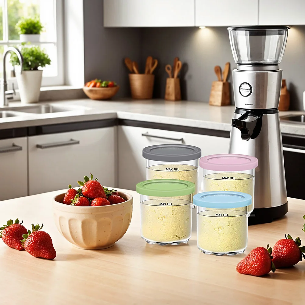 4 Pack Replacement Pints & Lids for Ninja Creami NC299AMZ NC300s Series, Ice Cream Containers, Smoothie Pot, Ice Cream Maker
