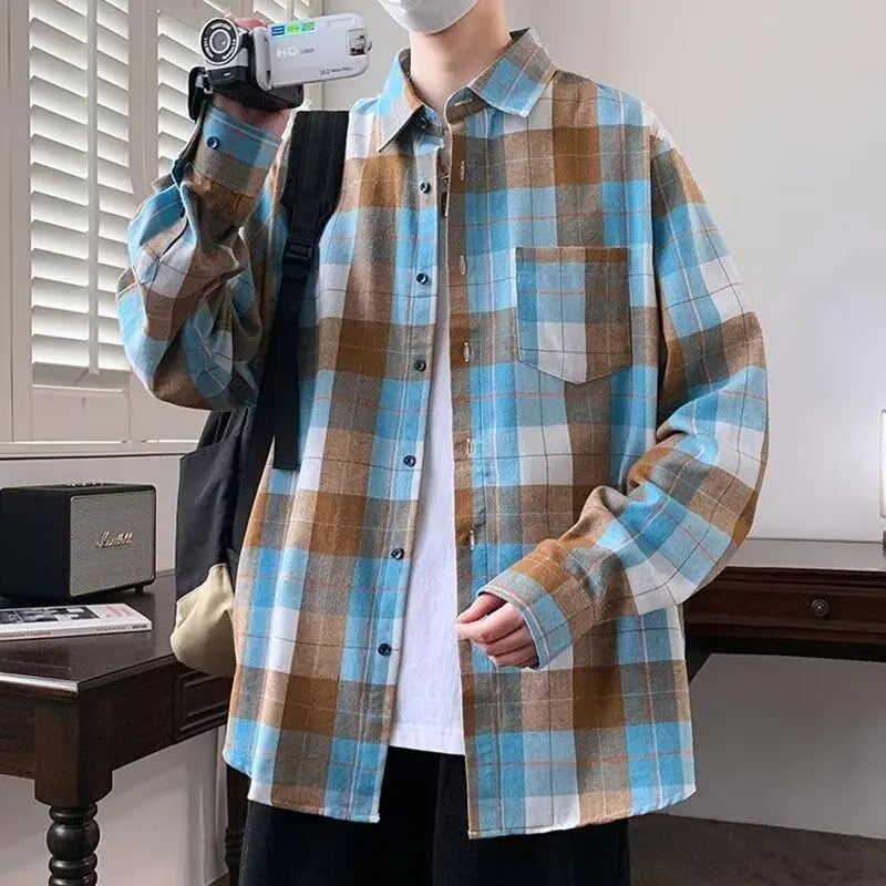 Trend in long-sleeved color check Southern men's spring and autumn daily overfit big size casual cotton shirt autumn BL1555