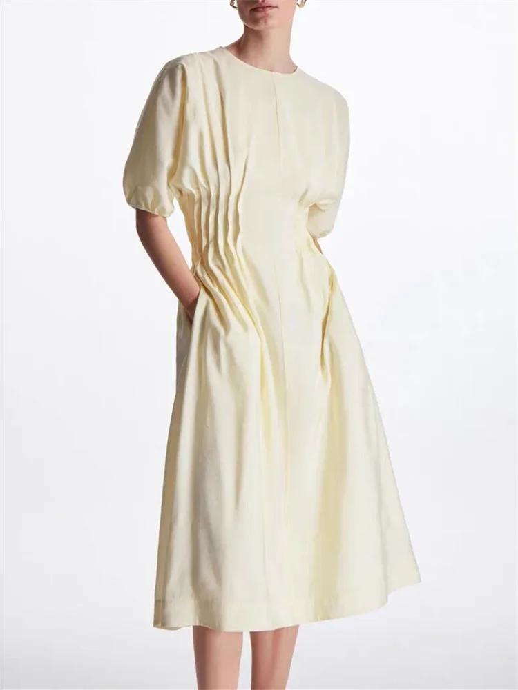 

Women's Pleated Midi Dress 2024 New Round-Neck Folds Slim Fit Casual Puff Sleeve A-Line Robes