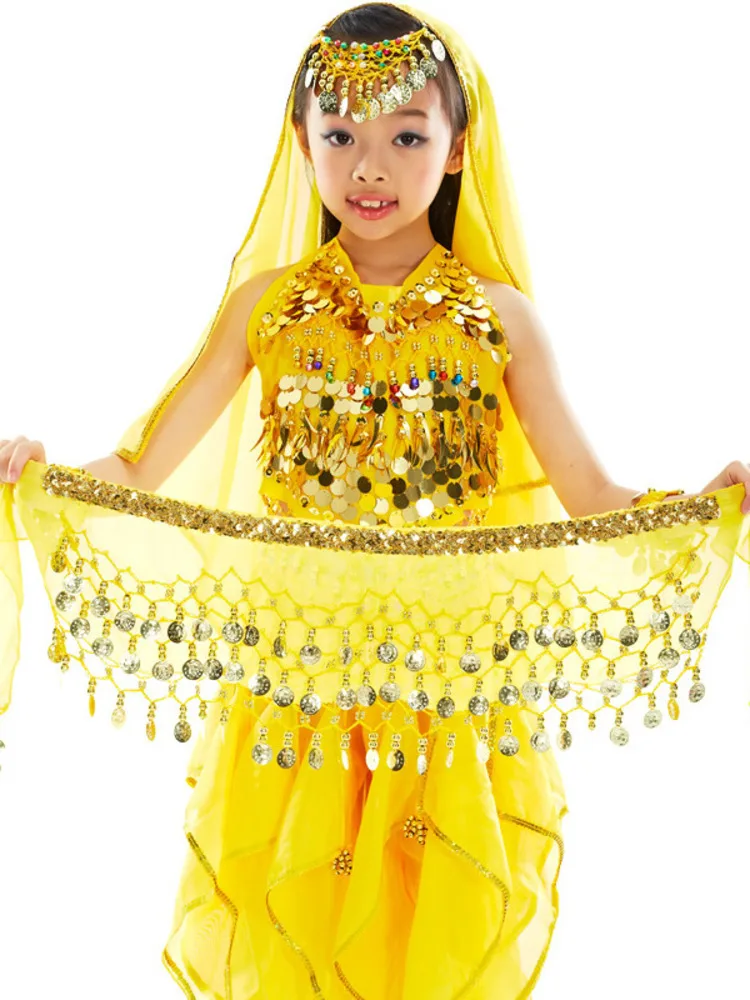 Sequins Oriental Dancing Halloween Costume Children\'s Belly Hip Scarf Performance Jazz Tassels Girl Fantasia Latin Clothes Arab