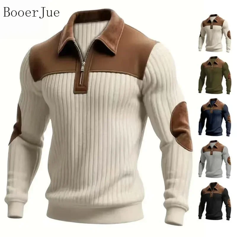 Men's Autumn Winter Corduroy Button Up Sweatshirt, Color Block Stripes, Lapel Polo & Stand Collar, Loose Long Sleeve Outdoor