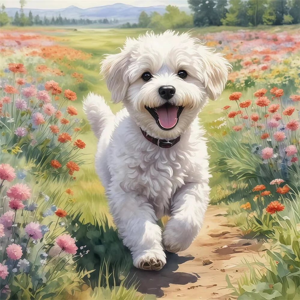

Warm Watercolor White Poodle Puppy Wildflower Field Jigsaw Puzzle, Country Floral Path Cute Dog Home Wall Decor