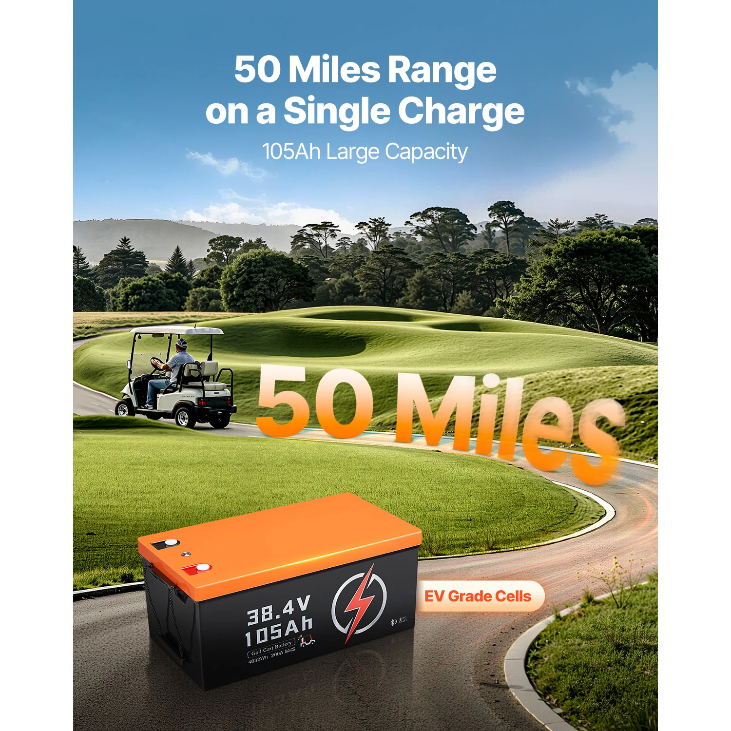 SucceBuy 105Ah Golf Cart Lithium Battery & 200A BMS, LCD Monitor + Mobile APP LiFePO4 Battery & 600A Peak Current for Golf Carts