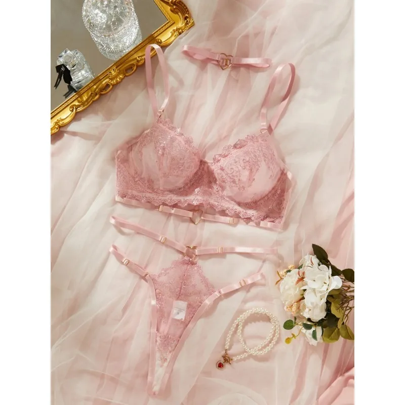 Fancy Women's Lingerie French Pink Underwear Delicate Floral Embroidery Lace Bra Erotic Sets Romantic Valentine Fantasy Outfit