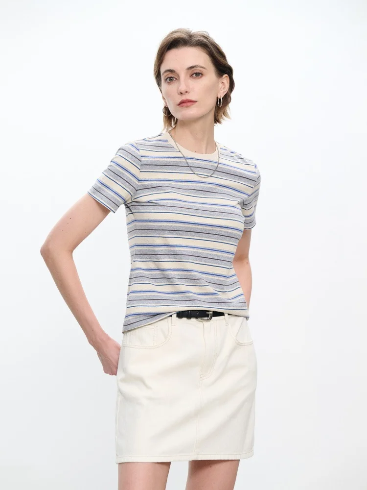 CEMO Summer High-quality Combed Cotton Striped Short-sleeve Round-neck Women's T-shirt Breathable Skin-friendly Versatile Fit